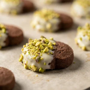 Biscotti al cacao ricoperti di cioccolato bianco e granella di pistacchio